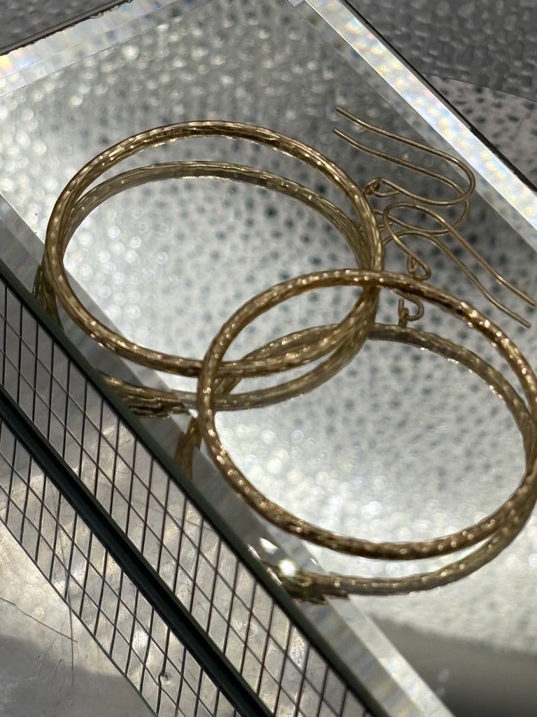 14 Karat Yellow Gold Diamond Cut Textured Hoop Wire Earrings