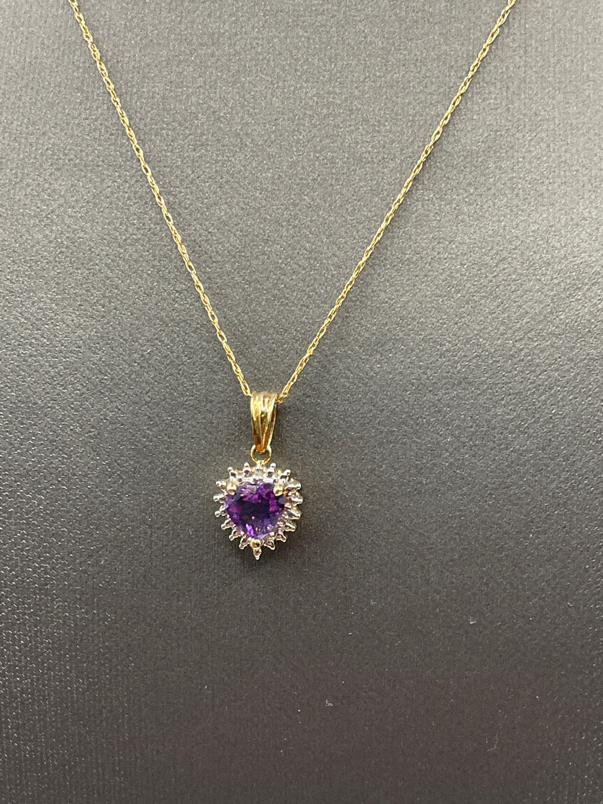 Ladies 14 Karat Yellow Gold Diamond and Amethyst Heart Necklace