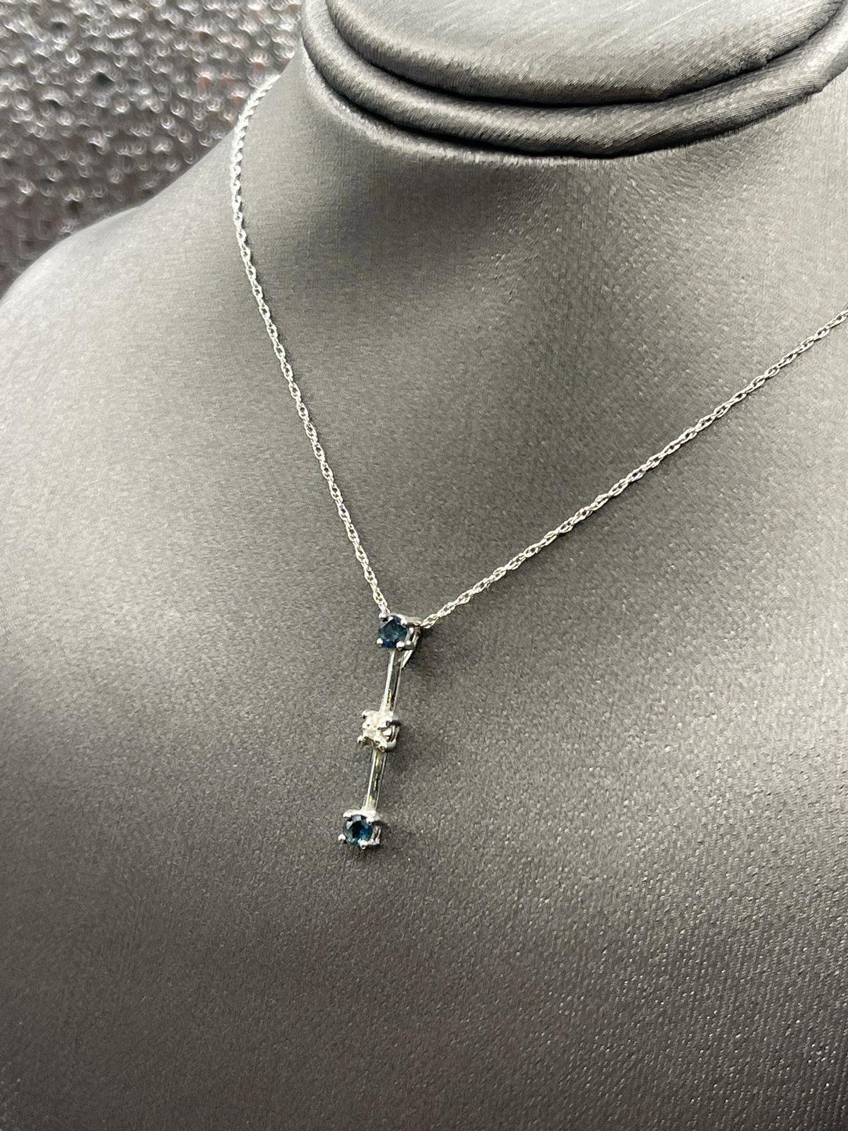Ladies 10 Karat White Gold Sapphire and Diamond Drop Necklace