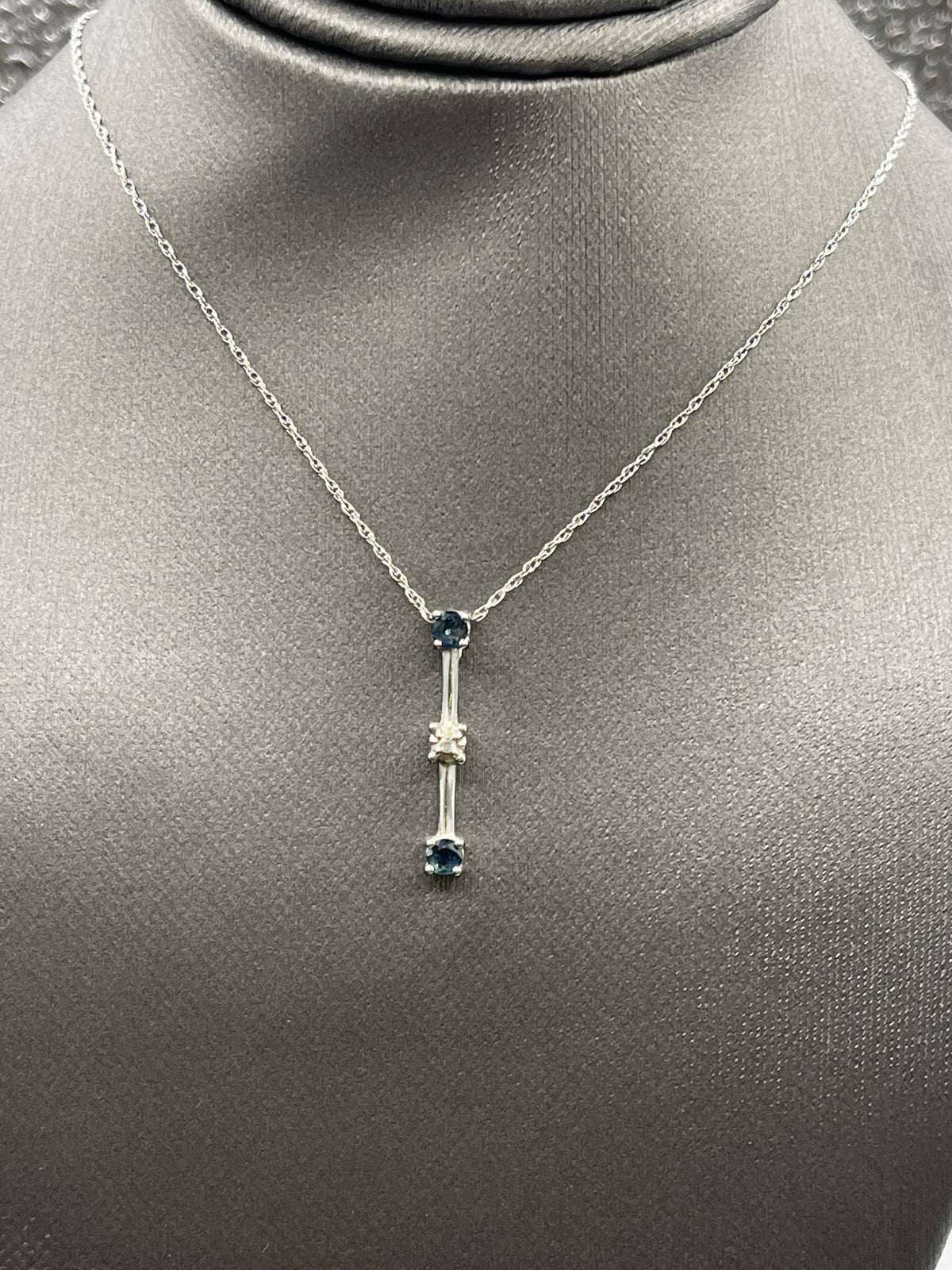 Ladies 10 Karat White Gold Sapphire and Diamond Drop Necklace
