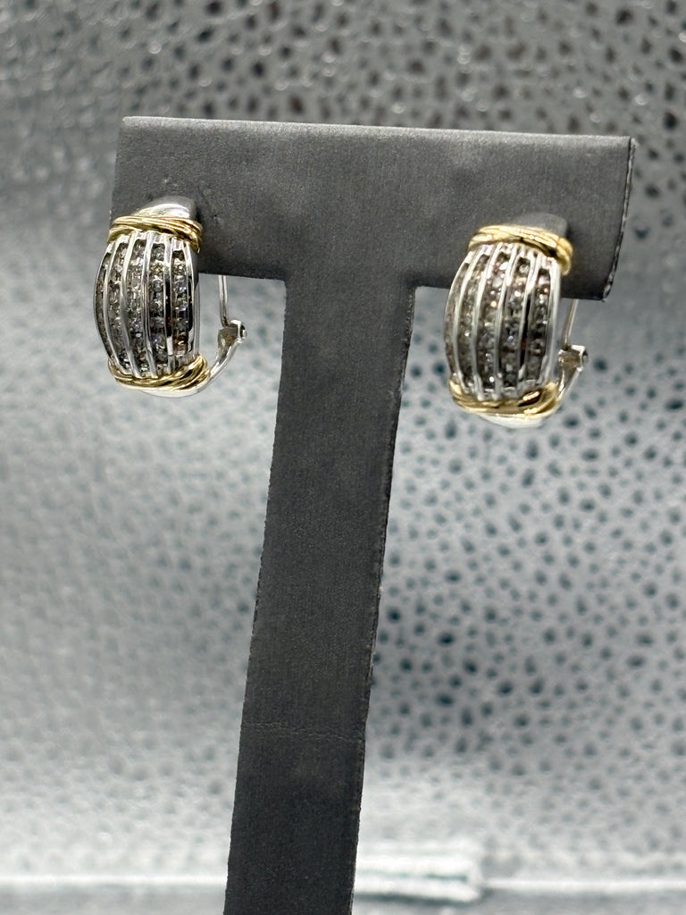 14 Karat White & Yellow Gold Ladies Diamond Hoop Earrings