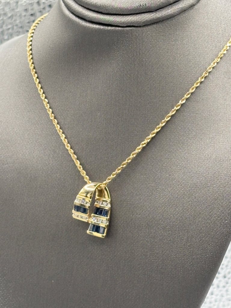 14 Karat Yellow Gold Sapphire & Diamond Pendant Rope Necklace