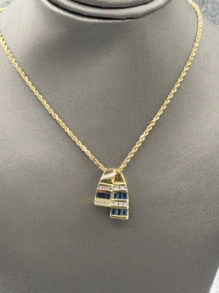 14 Karat Yellow Gold Sapphire & Diamond Pendant Rope Necklace