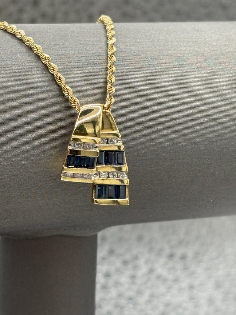 14 Karat Yellow Gold Sapphire & Diamond Pendant Rope Necklace