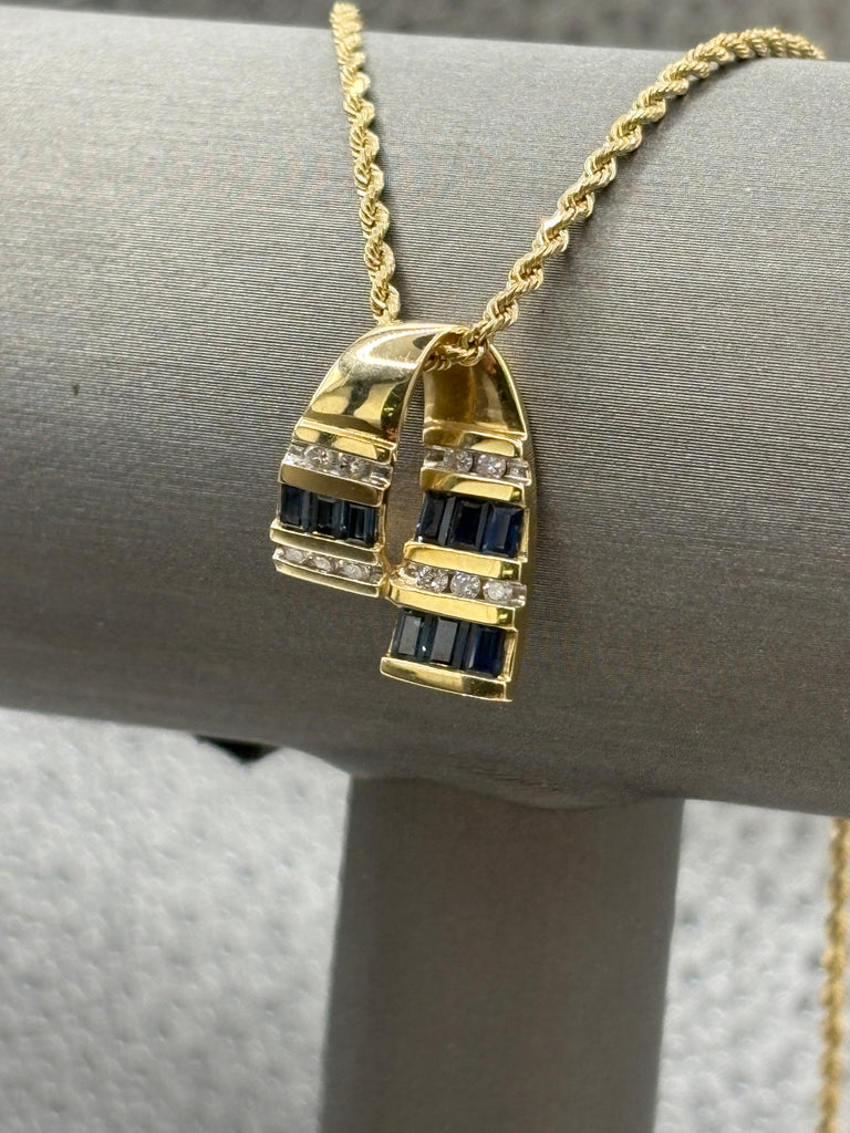 14 Karat Yellow Gold Sapphire & Diamond Pendant Rope Necklace
