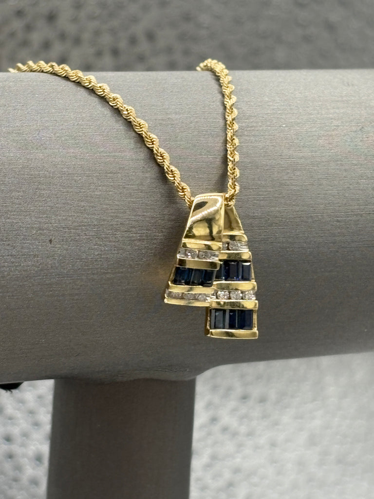 14 Karat Yellow Gold Sapphire & Diamond Pendant Rope Necklace
