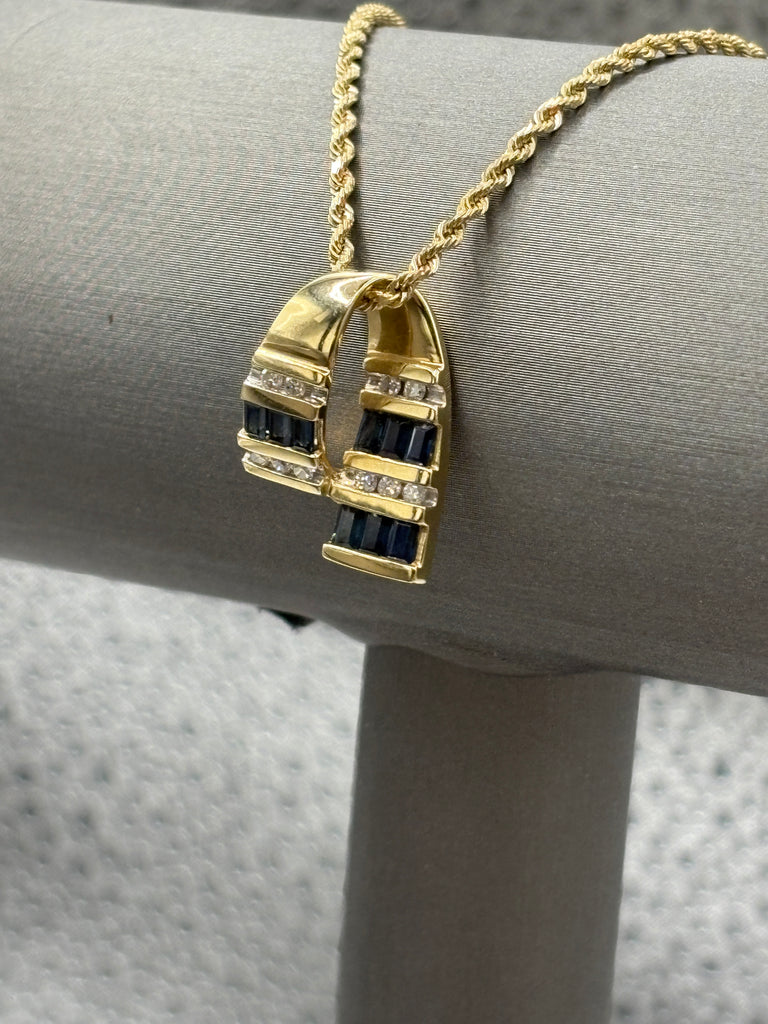 14 Karat Yellow Gold Sapphire & Diamond Pendant Rope Necklace