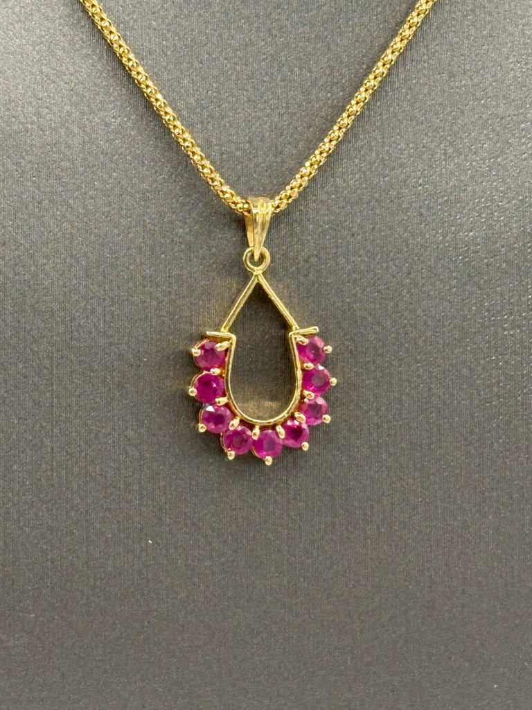 14 Karat Yellow Gold Ruby Horseshoe Pendant Popcorn Necklace