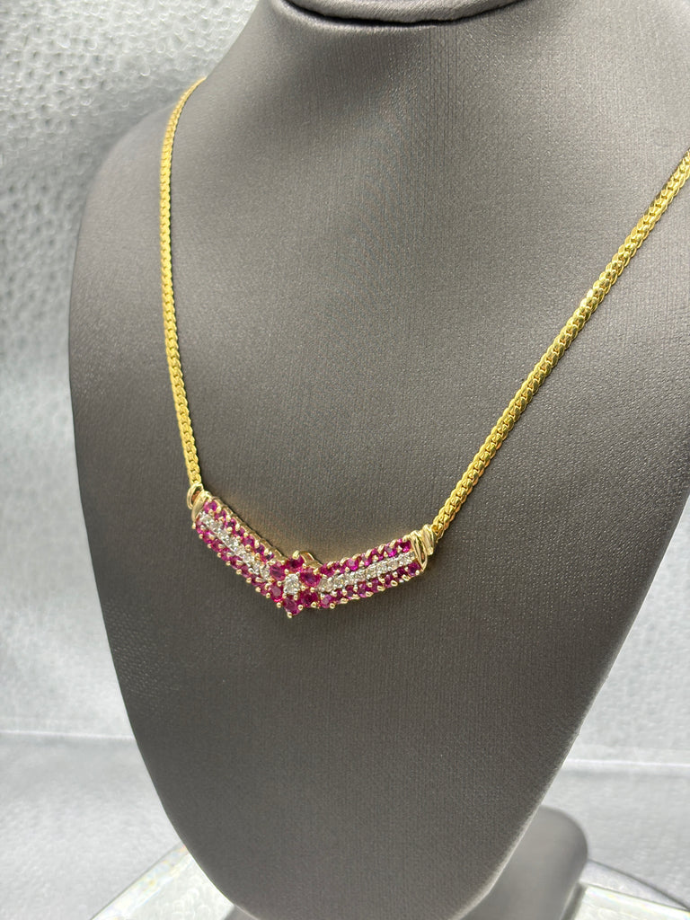 14 Karat Yellow Gold Ladies Floral Ruby & Diamond Necklace