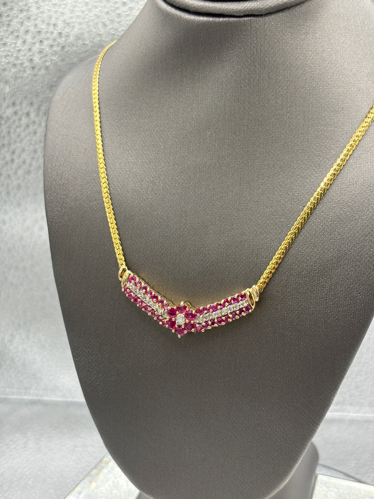 14 Karat Yellow Gold Ladies Floral Ruby & Diamond Necklace