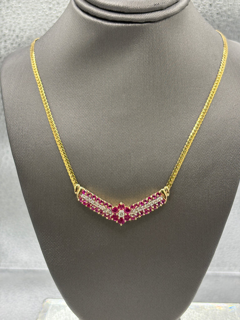 14 Karat Yellow Gold Ladies Floral Ruby & Diamond Necklace