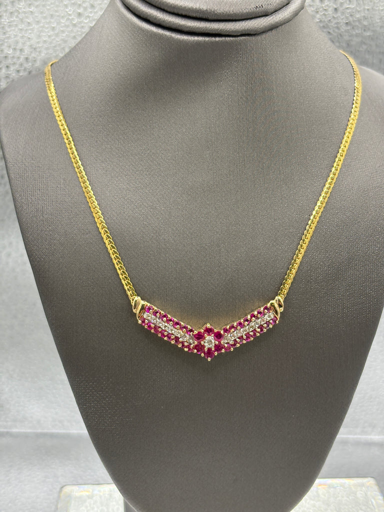 14 Karat Yellow Gold Ladies Floral Ruby & Diamond Necklace