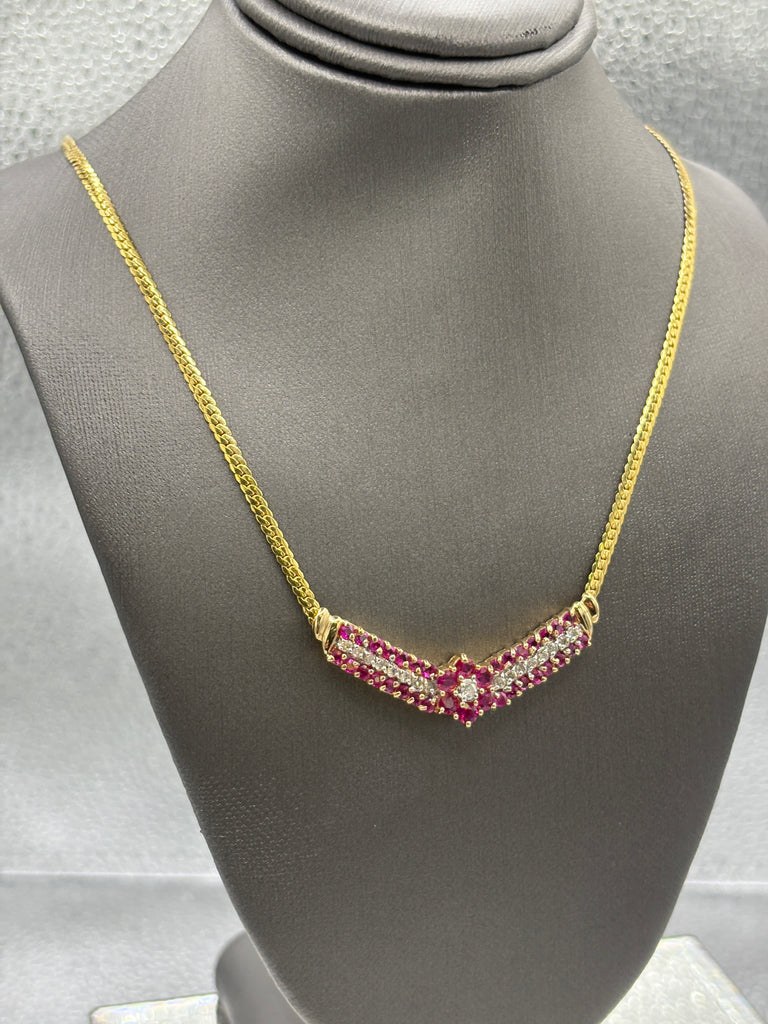 14 Karat Yellow Gold Ladies Floral Ruby & Diamond Necklace