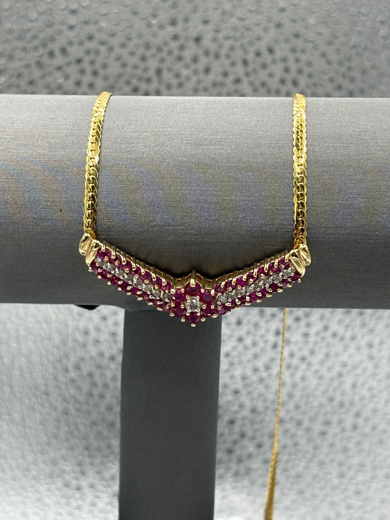 14 Karat Yellow Gold Ladies Floral Ruby & Diamond Necklace