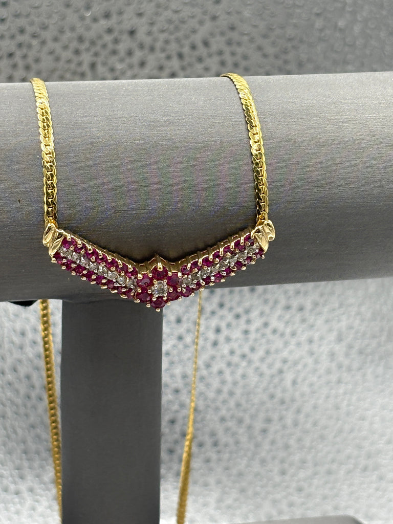 14 Karat Yellow Gold Ladies Floral Ruby & Diamond Necklace