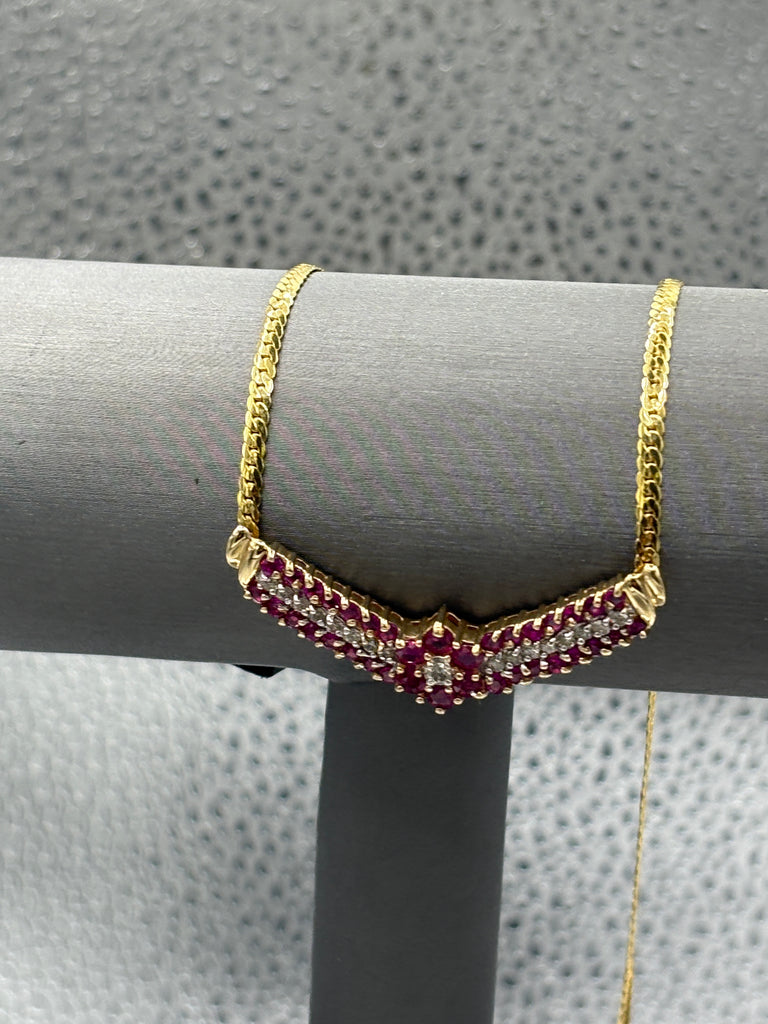 14 Karat Yellow Gold Ladies Floral Ruby & Diamond Necklace
