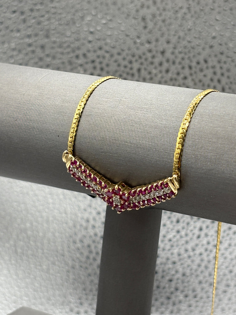 14 Karat Yellow Gold Ladies Floral Ruby & Diamond Necklace