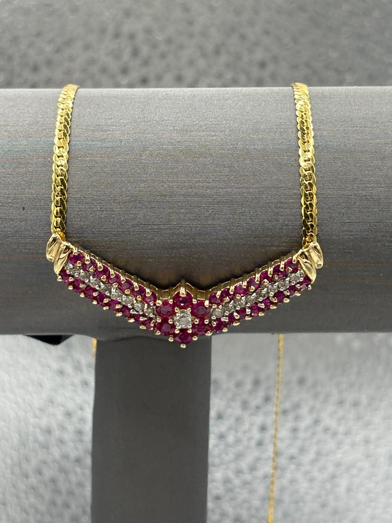 14 Karat Yellow Gold Ladies Floral Ruby & Diamond Necklace