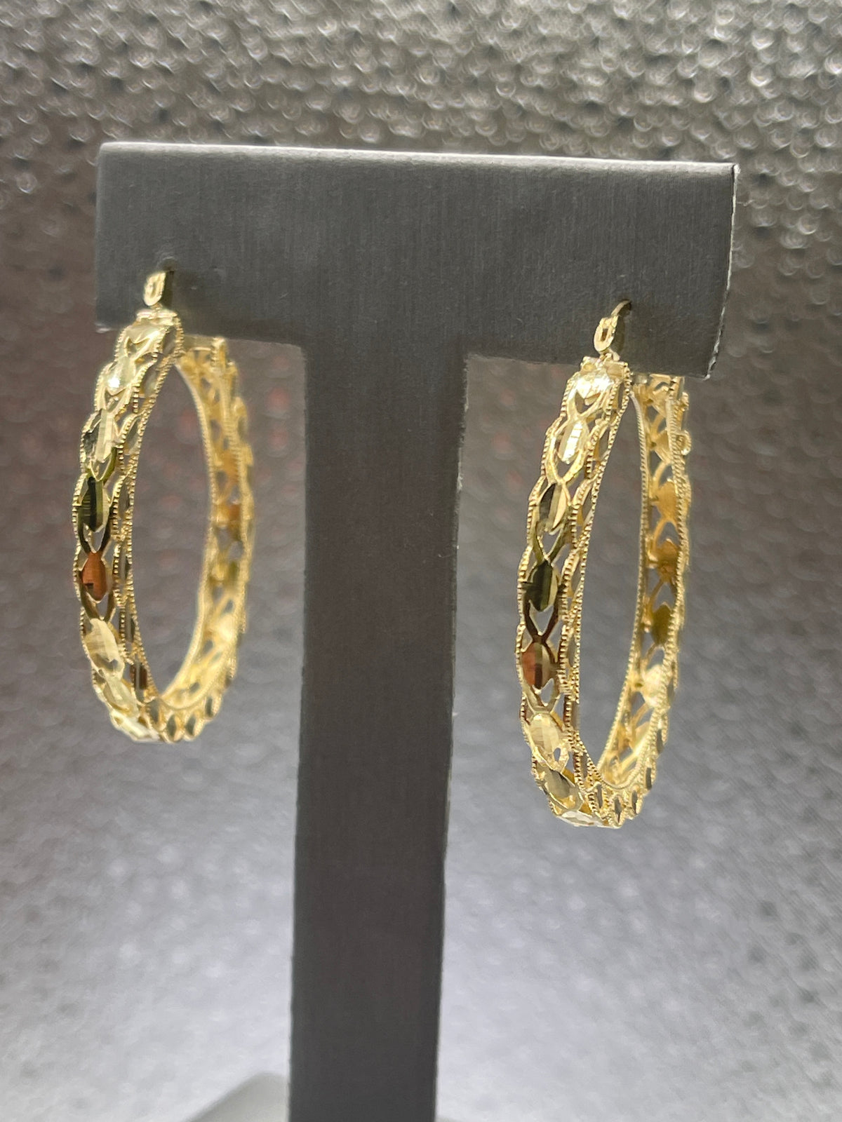 Ladies 10 Karat Solid Yellow Gold Fancy Engraved Hoop Earrings