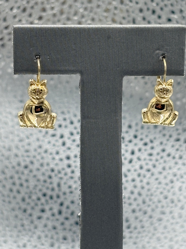 14 Karat Yellow Gold Ladies Kitty Cat Earrings