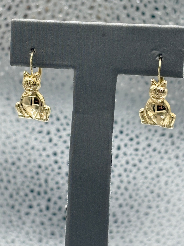 14 Karat Yellow Gold Ladies Kitty Cat Earrings