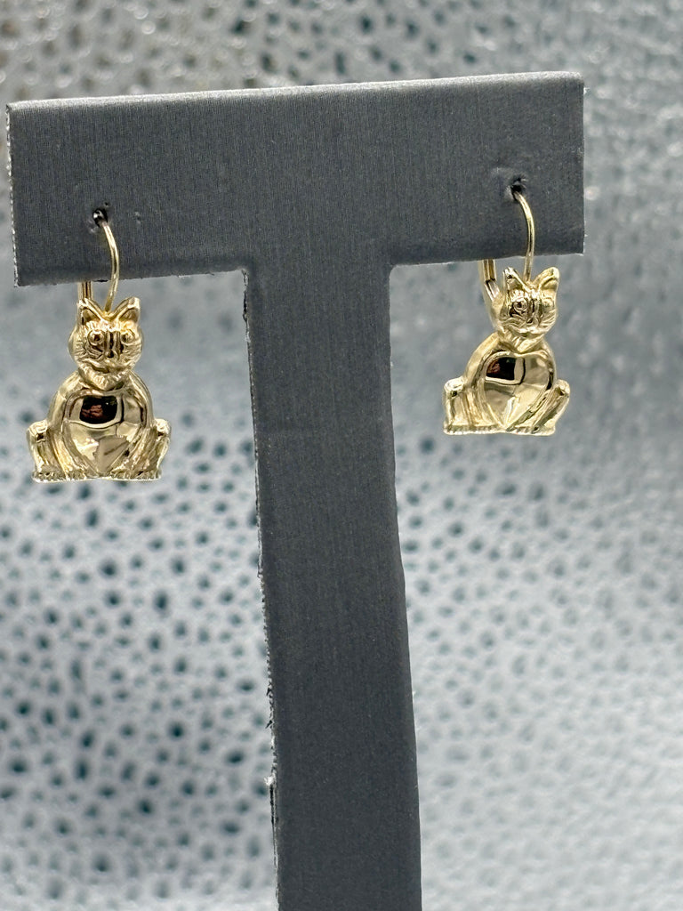 14 Karat Yellow Gold Ladies Kitty Cat Earrings