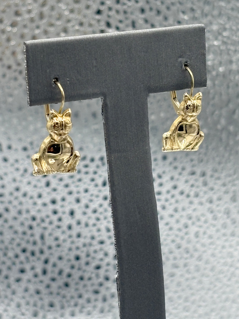 14 Karat Yellow Gold Ladies Kitty Cat Earrings