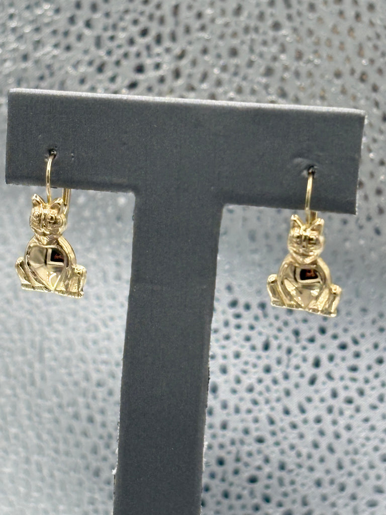 14 Karat Yellow Gold Ladies Kitty Cat Earrings