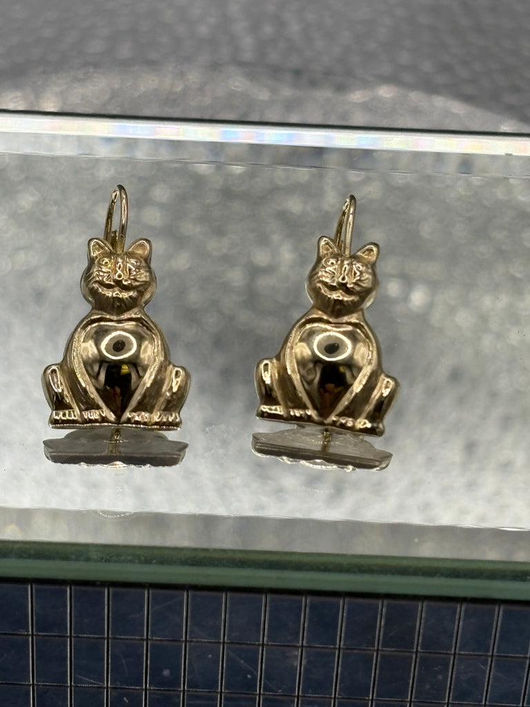 14 Karat Yellow Gold Ladies Kitty Cat Earrings
