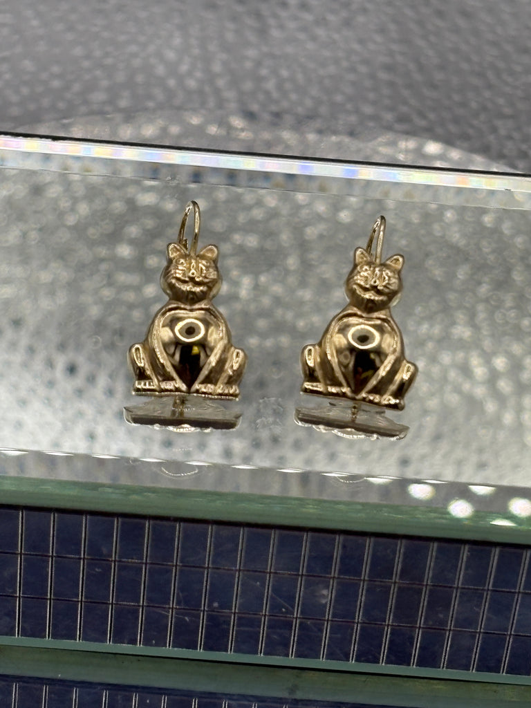 14 Karat Yellow Gold Ladies Kitty Cat Earrings