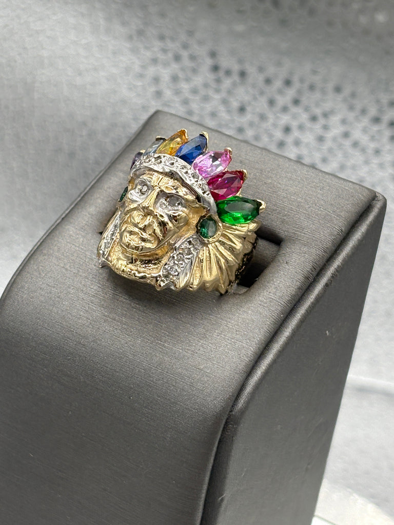 14 Karat Yellow Gold Native American Colored Stone Chief Ring