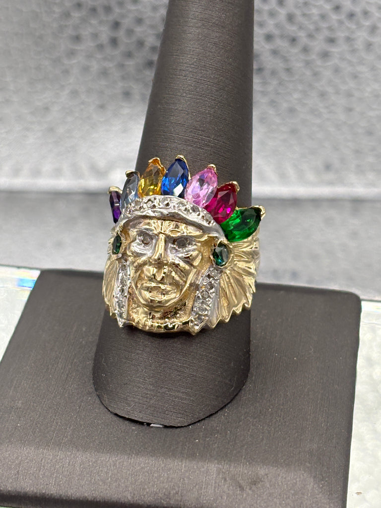 14 Karat Yellow Gold Native American Colored Stone Chief Ring