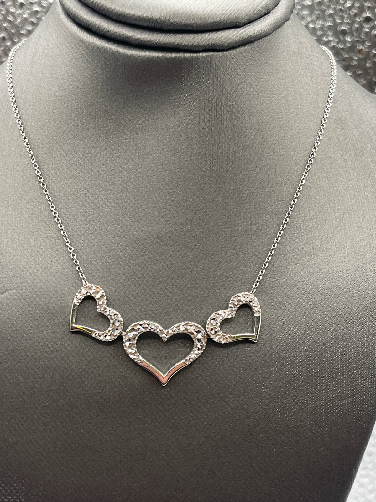 Ladies 14 Karat Solid White Gold Triple Heart Diamond Necklace
