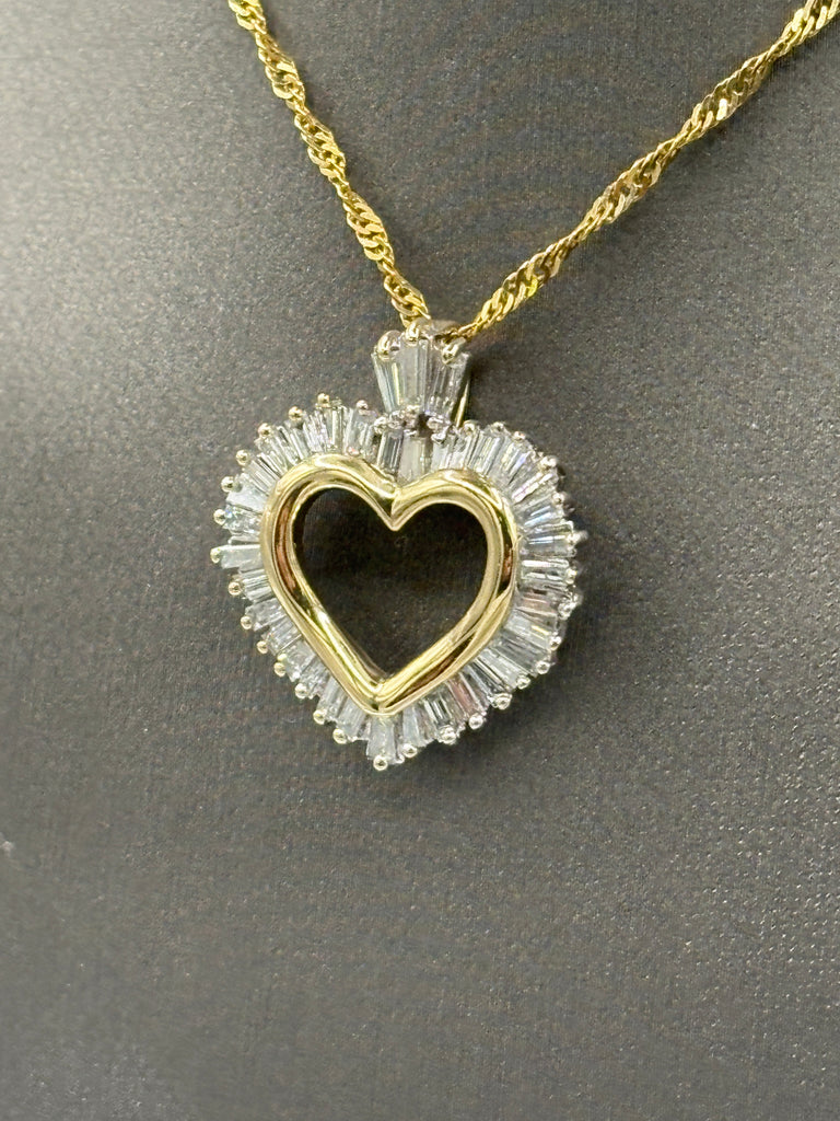 14 Karat Yellow Gold Baguette Diamond Heart Pendant