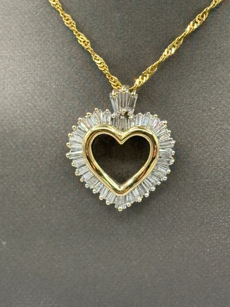 14 Karat Yellow Gold Baguette Diamond Heart Pendant