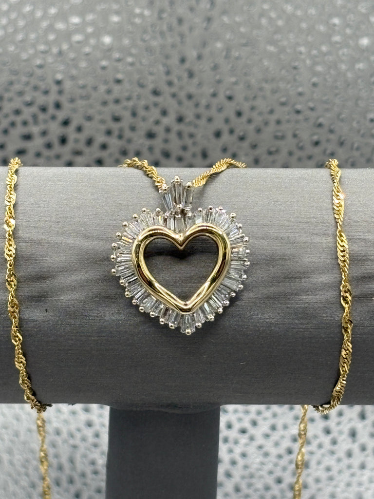 14 Karat Yellow Gold Baguette Diamond Heart Pendant