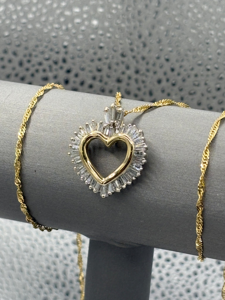 14 Karat Yellow Gold Baguette Diamond Heart Pendant