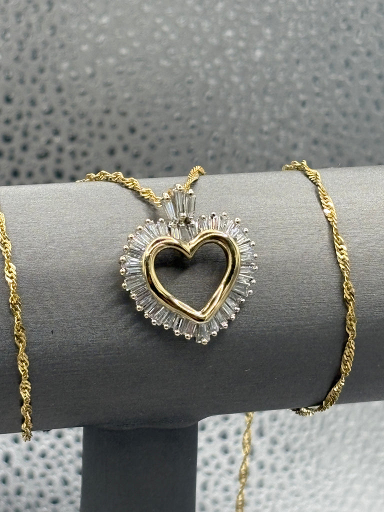 14 Karat Yellow Gold Baguette Diamond Heart Pendant
