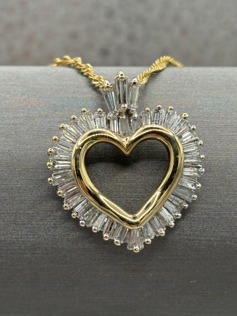 14 Karat Yellow Gold Baguette Diamond Heart Pendant