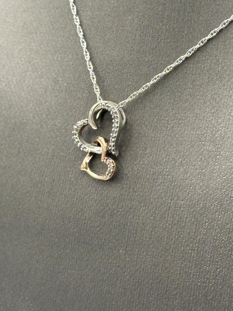 10 Karat Rose Gold & Sterling Double Diamond Heart Necklace