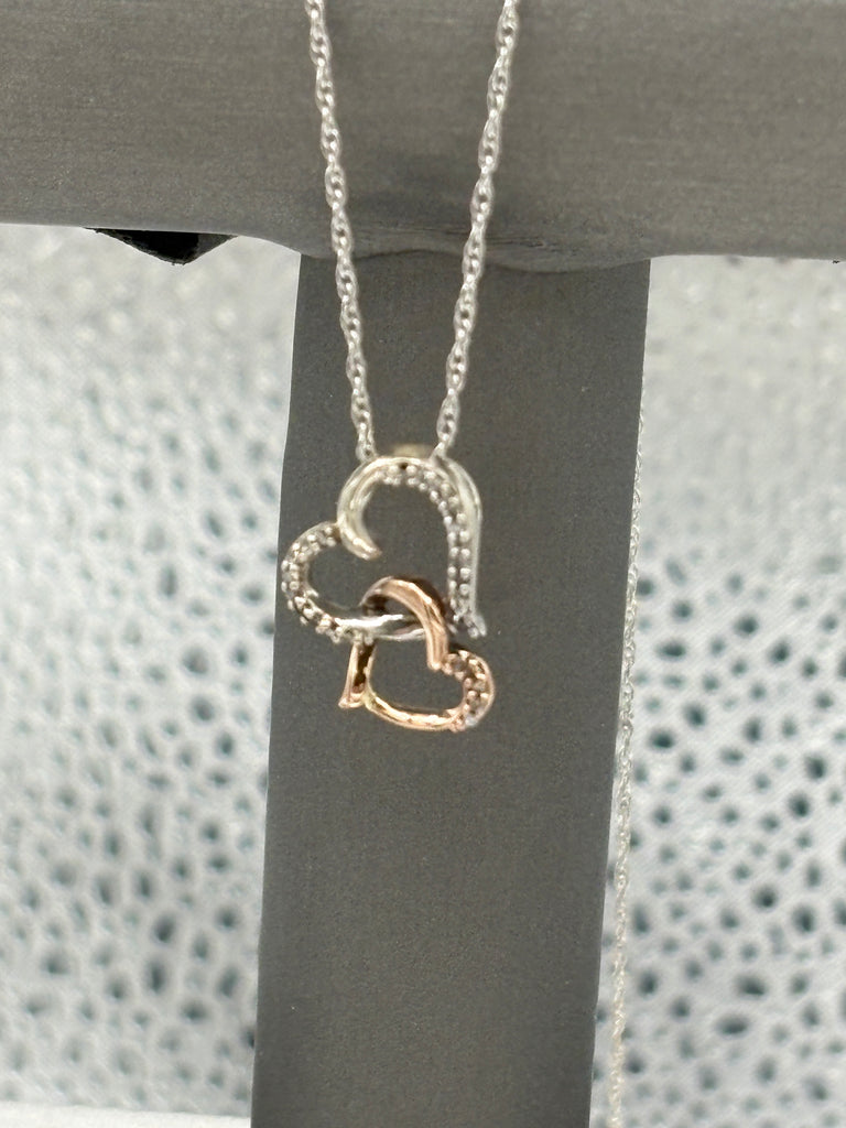 10 Karat Rose Gold & Sterling Double Diamond Heart Necklace