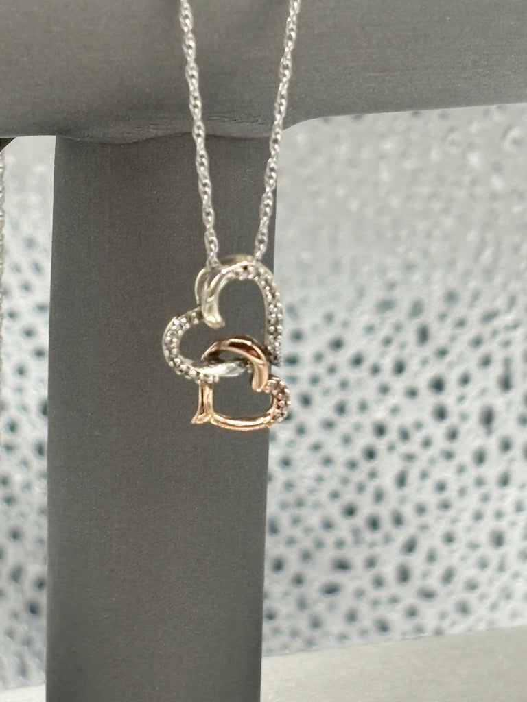 10 Karat Rose Gold & Sterling Double Diamond Heart Necklace