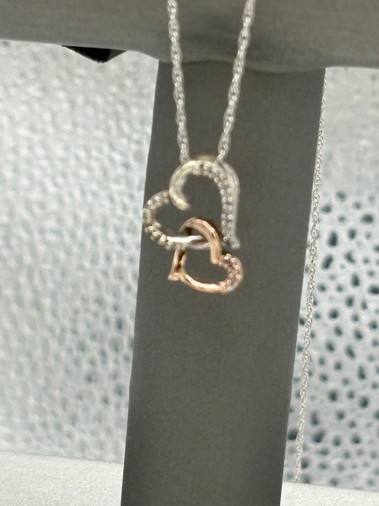 10 Karat Rose Gold & Sterling Double Diamond Heart Necklace