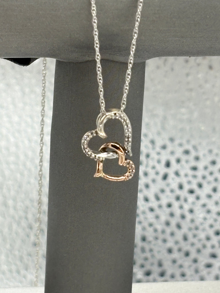 10 Karat Rose Gold & Sterling Double Diamond Heart Necklace