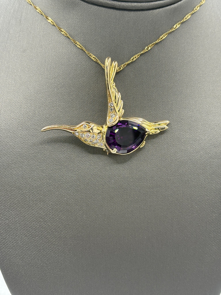 14 Karat Y/G Teardrop Amethyst & Diamond Hummingbird Pin