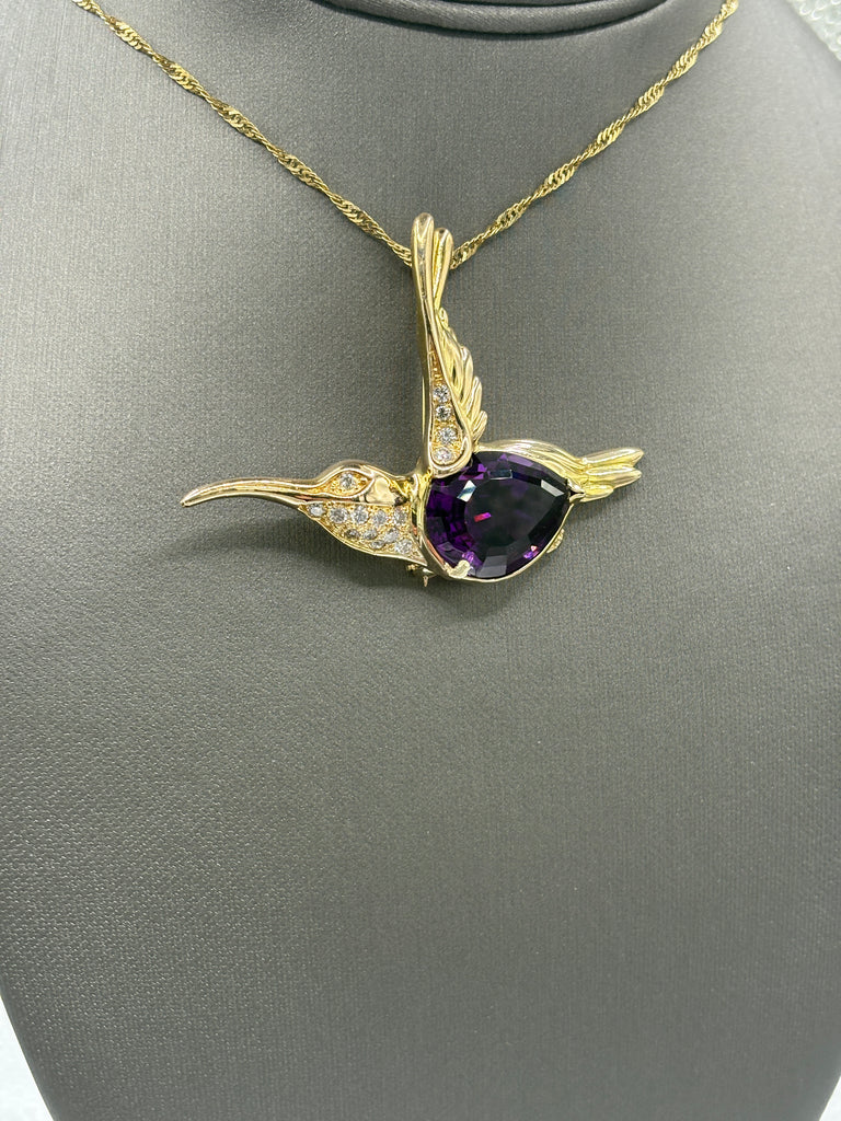 14 Karat Y/G Teardrop Amethyst & Diamond Hummingbird Pin