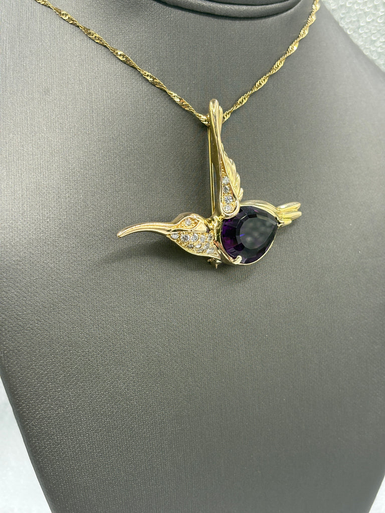 14 Karat Y/G Teardrop Amethyst & Diamond Hummingbird Pin