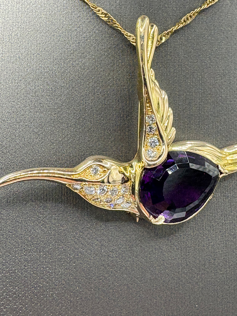 14 Karat Y/G Teardrop Amethyst & Diamond Hummingbird Pin