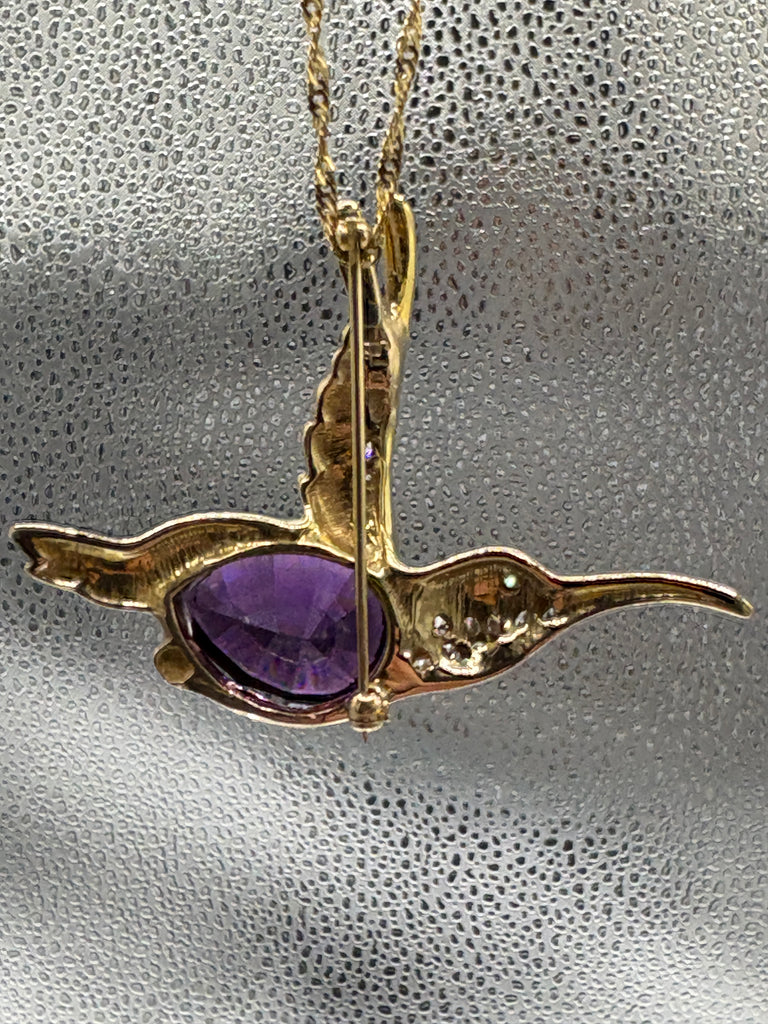 14 Karat Y/G Teardrop Amethyst & Diamond Hummingbird Pin
