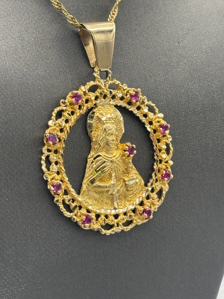 14 Karat Yellow Gold Ladies/Gents Blessed Mother Ruby Pendant